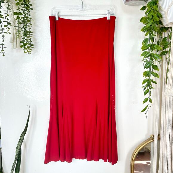 VTG 90s/Y2k Red Hot Chrome Rhinestone Studded Latin Mermaid Tango Midi Skirt 2XL - Picture 3 of 11